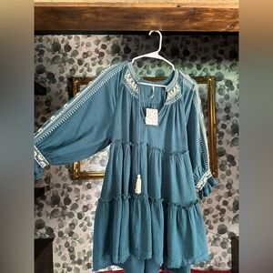 Free People Teal Embroidered Kids Dress